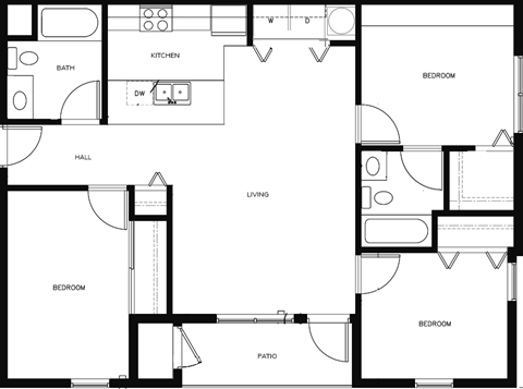 Floor plan for 3 beds, 2 baths, 1127 sqft